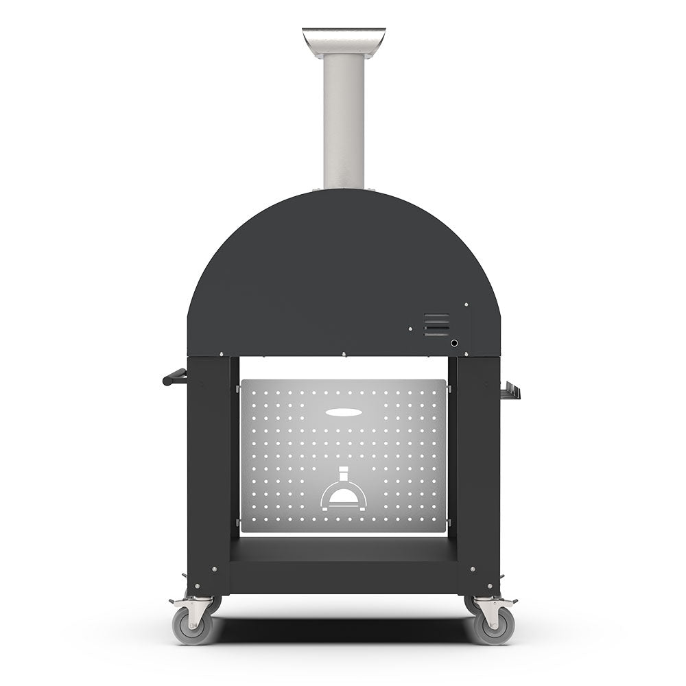 Freestanding wood-fired pizza oven with arched dark dome and open front firebox window, on wheels.