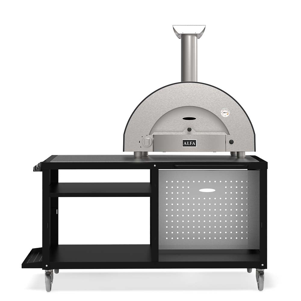 Alfa Classico 2 wood-fired pizza oven with stainless chimney and black cooking station