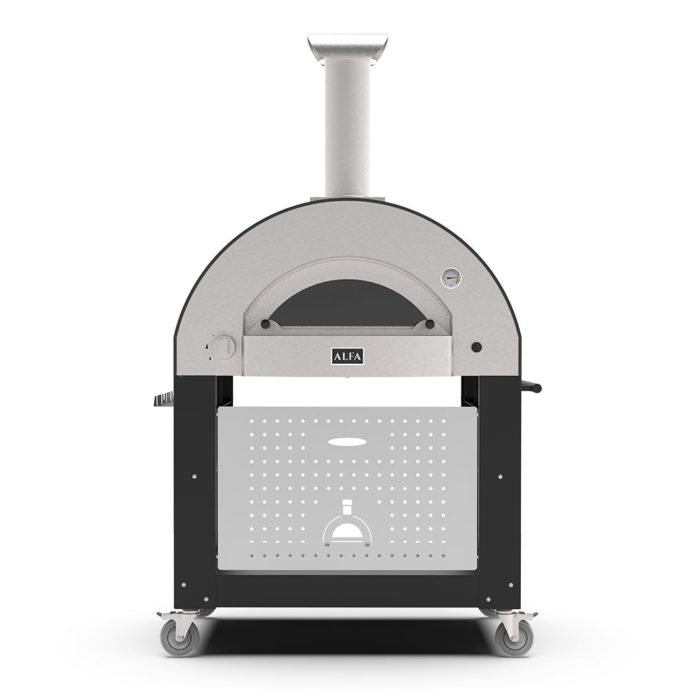 Freestanding gas pizza oven with round steel dome and front control panel