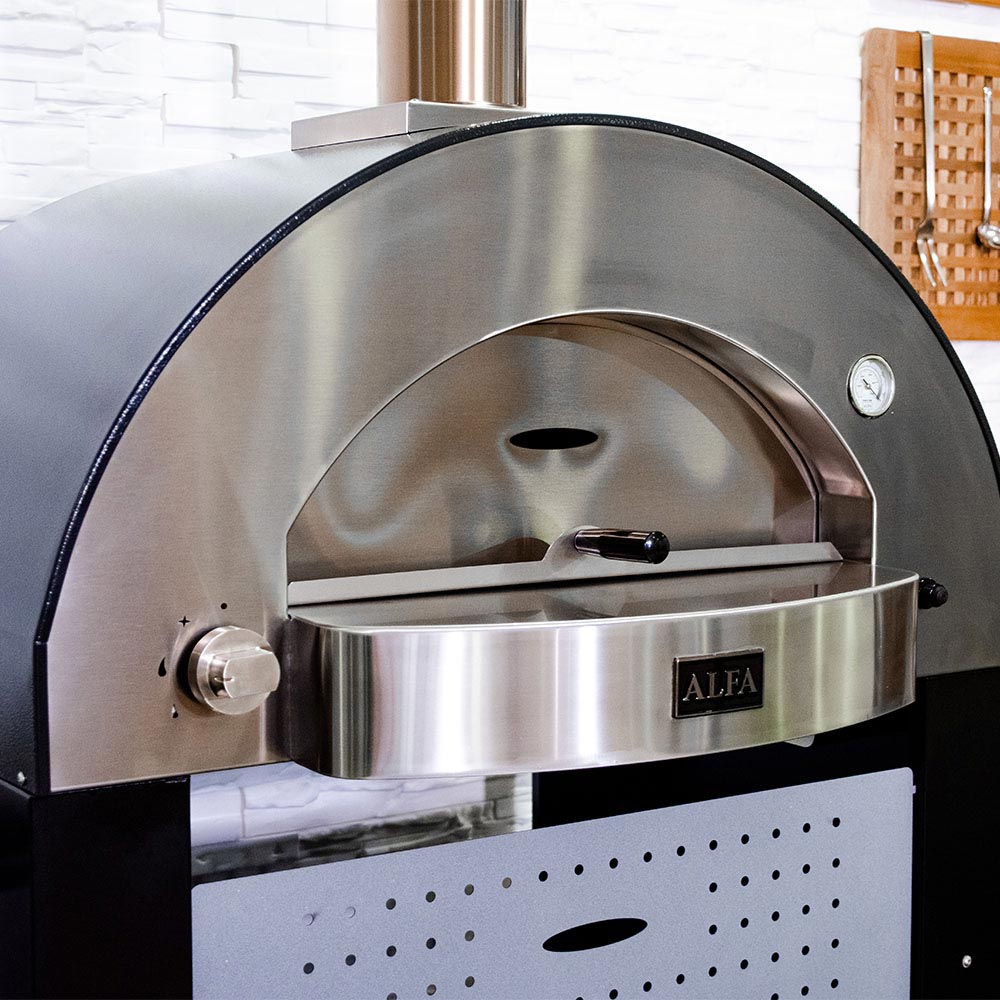 Freestanding gas pizza oven with open front dome and stainless steel inner hood