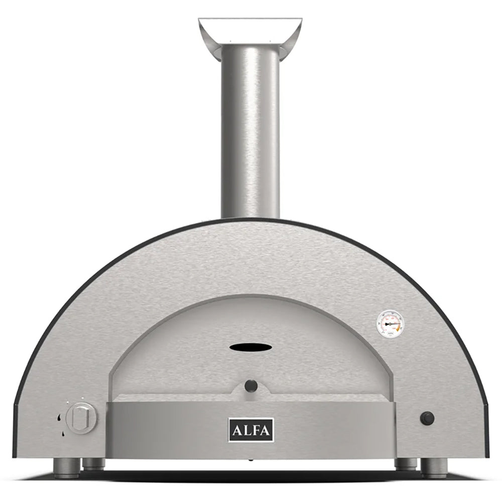 Stainless steel gas pizza oven with front dome and open cooking chamber