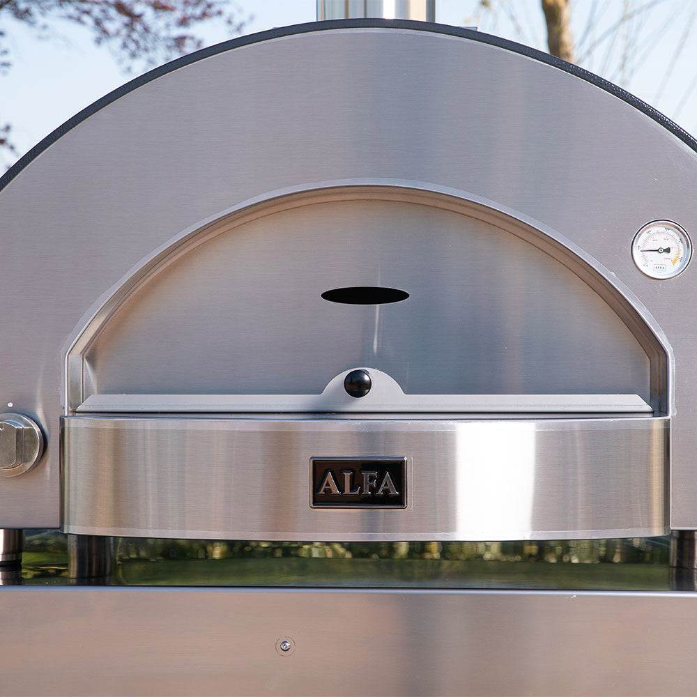 Close-up of stainless gas pizza oven front door with ALFA logo and temperature dial