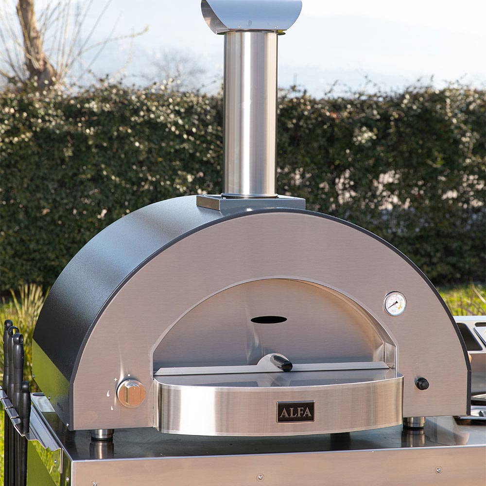 Outdoor stainless gas pizza oven with arched chamber and warming flue chimney