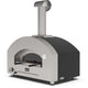 Countertop gas pizza oven with light stone front and dark side hood, arched door