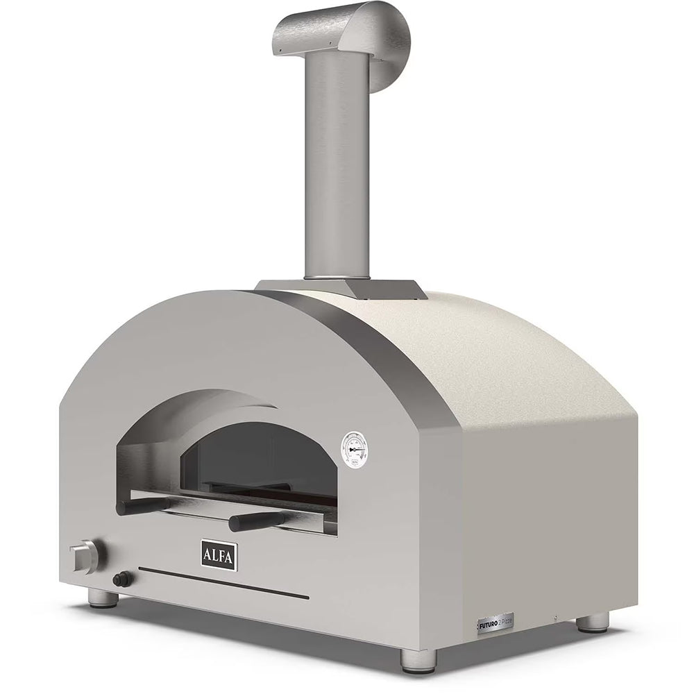 Stone countertop gas pizza oven with arched front opening and chimney