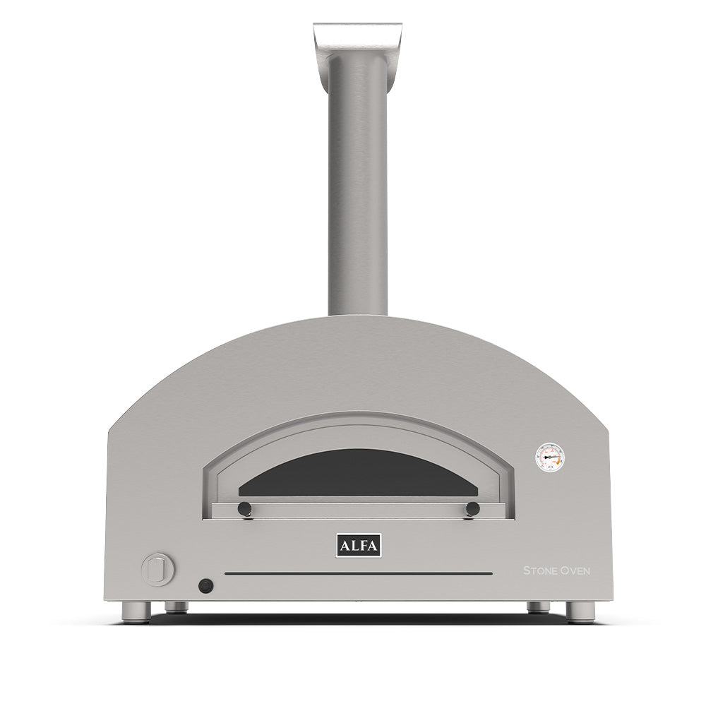 Countertop gas pizza oven with domed door and front control panel, side view.