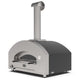 Countertop gas pizza oven with stainless chimney and dark side hood, front arched opening
