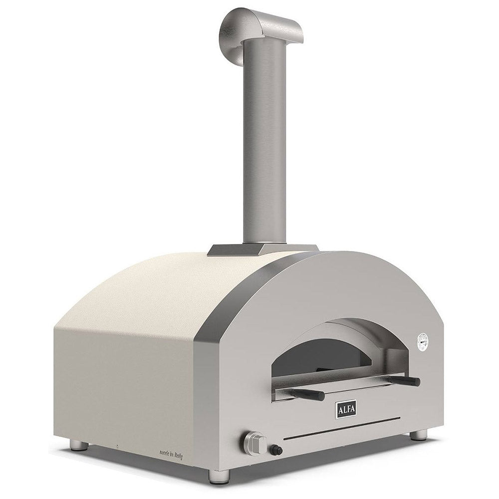 Countertop gas pizza oven in light stone with arched door window and side burner control