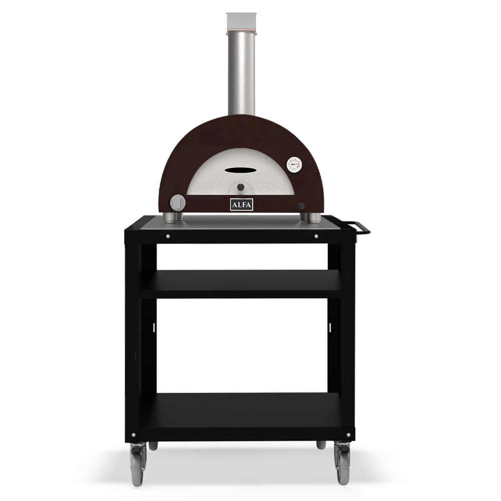 Alfa gas pizza oven on a wheeled stand, dark dome with chimney flue