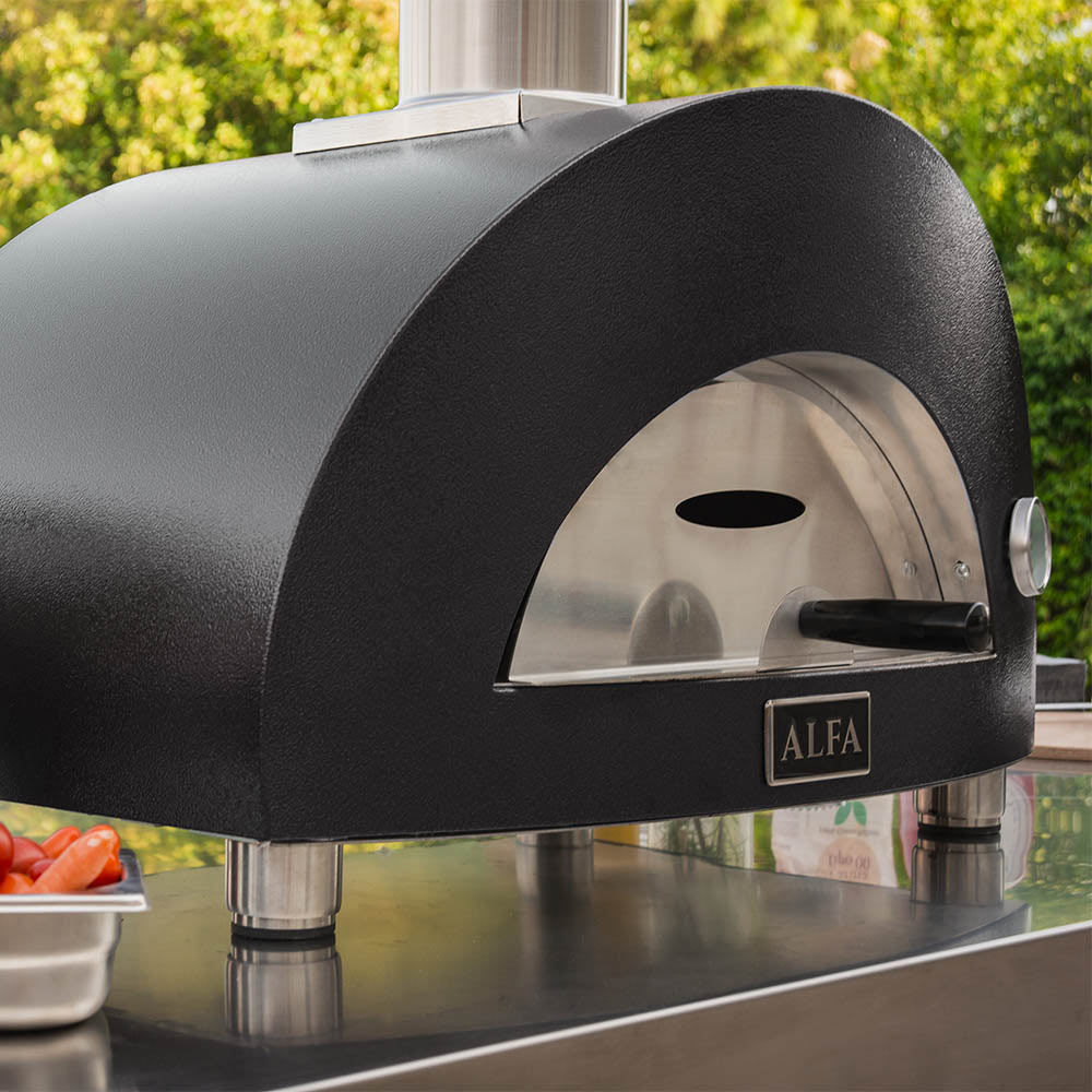 Alfa outdoor pizza gas oven with arched door opening and stainless interior