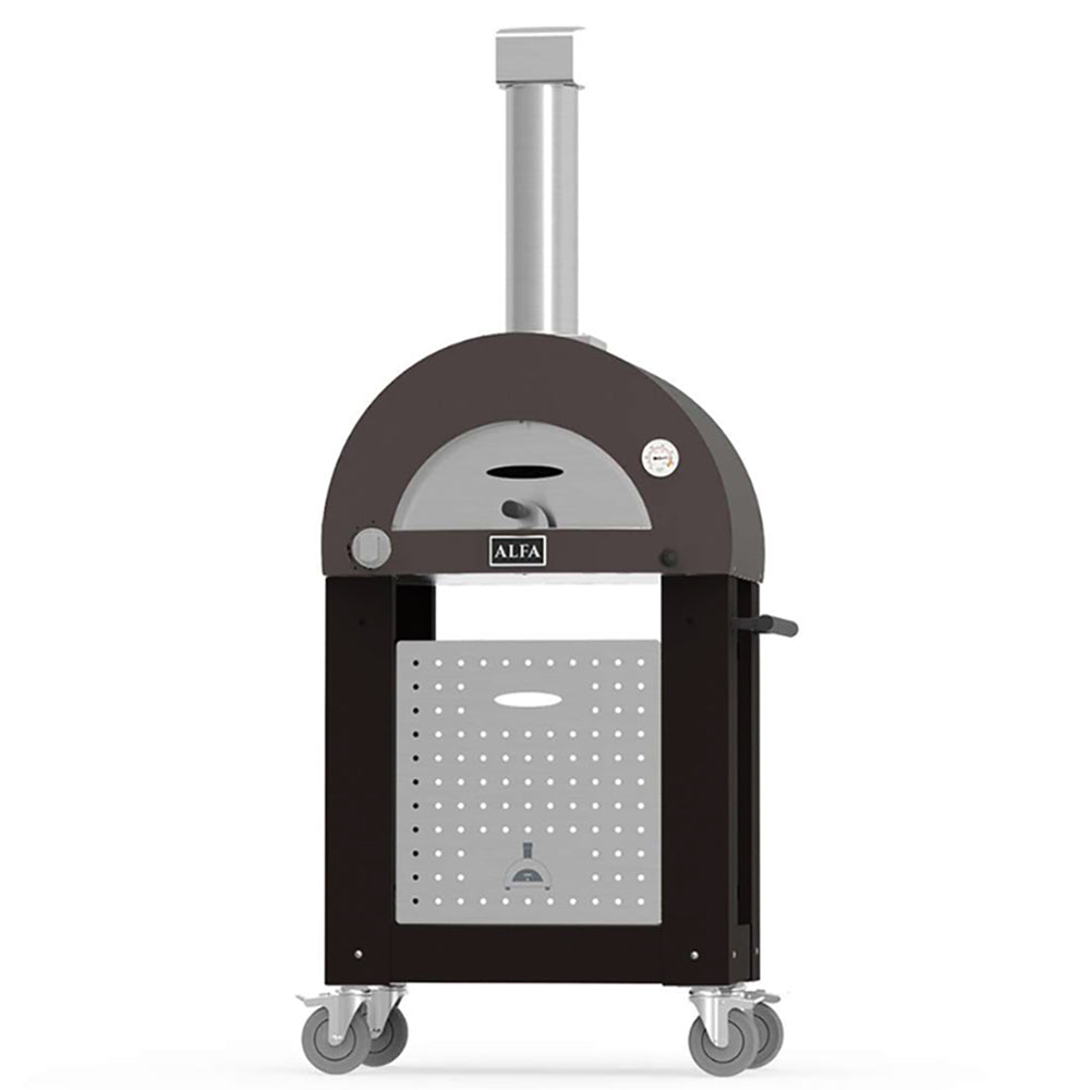 Alfa freestanding gas pizza oven with dark dome and wheeled cart, front vent panel