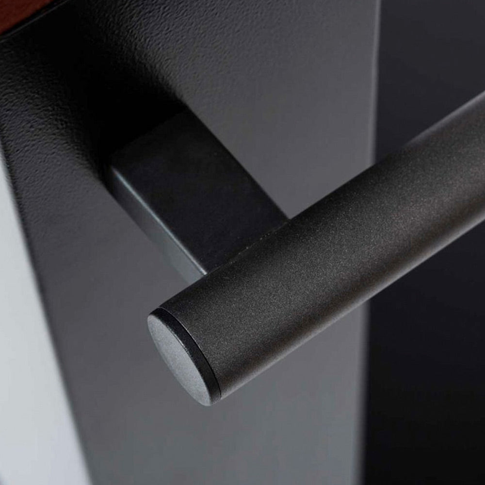 Black gas pizza oven vent pipe, cylindrical opening visible on metal housing