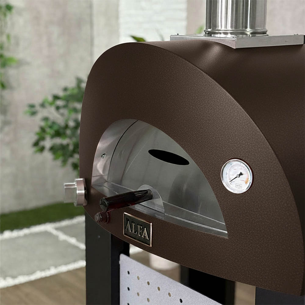 Gas pizza oven dome with ALFA logo, side knob, and round temperature gauge