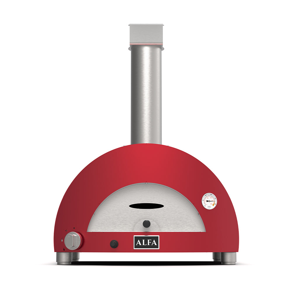 Countertop gas pizza oven with red dome and stainless chimney