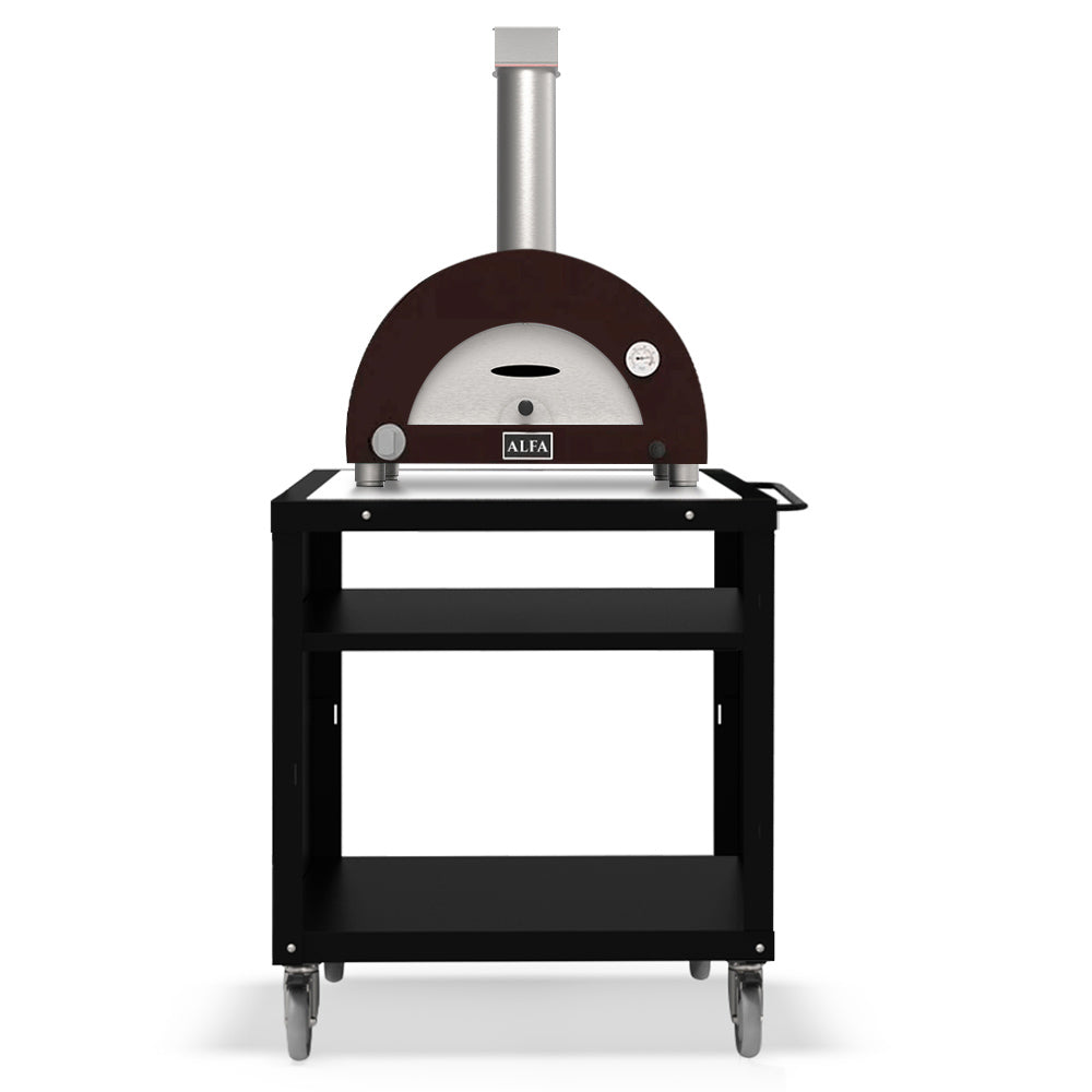 Alfa gas pizza oven on a wheeled stand, dark dome with chimney flue