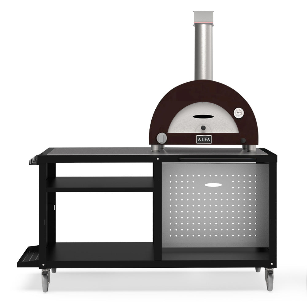 Gas pizza oven with stainless chimney, dark base, and 63-inch cooking station