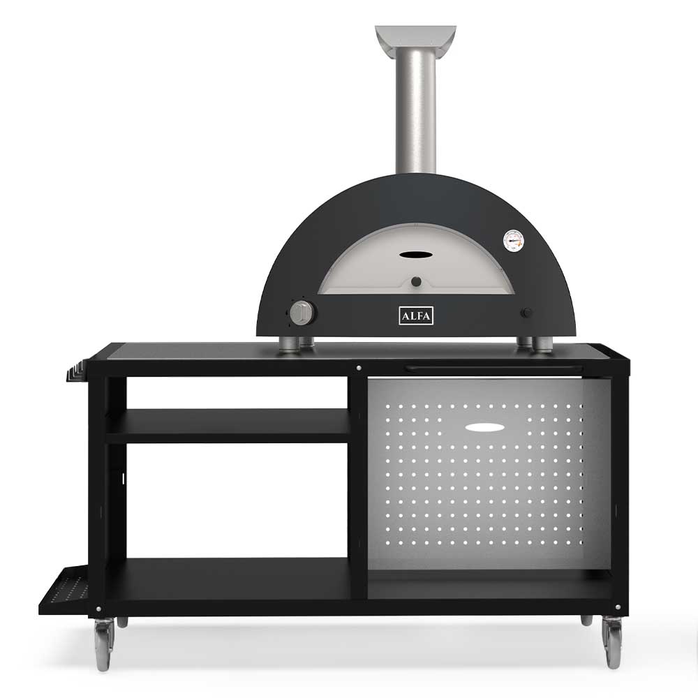 Gas pizza oven with cooking station, dark anthracite grey oven hood