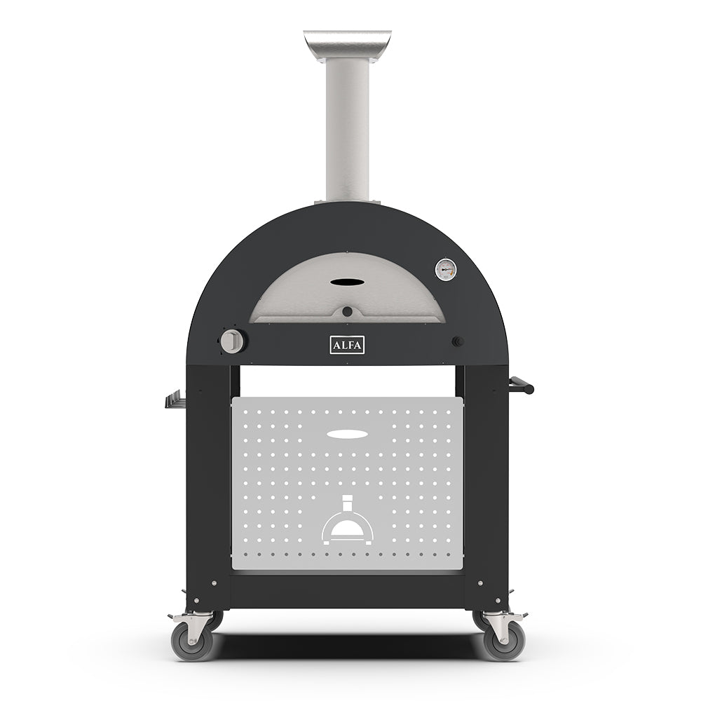 Alfa freestanding gas pizza oven, dark round dome with front access panel and wheels