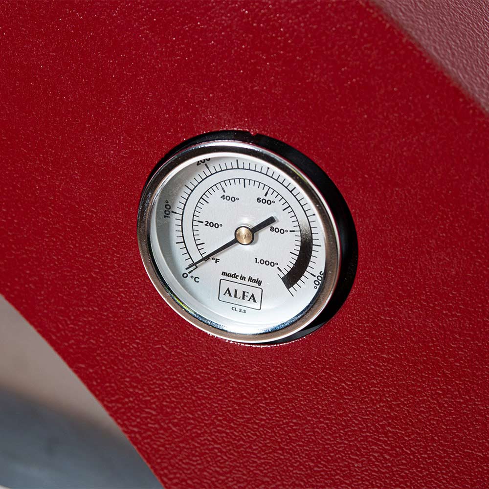 Ruby red pizza oven temperature gauge dial with ALFA label