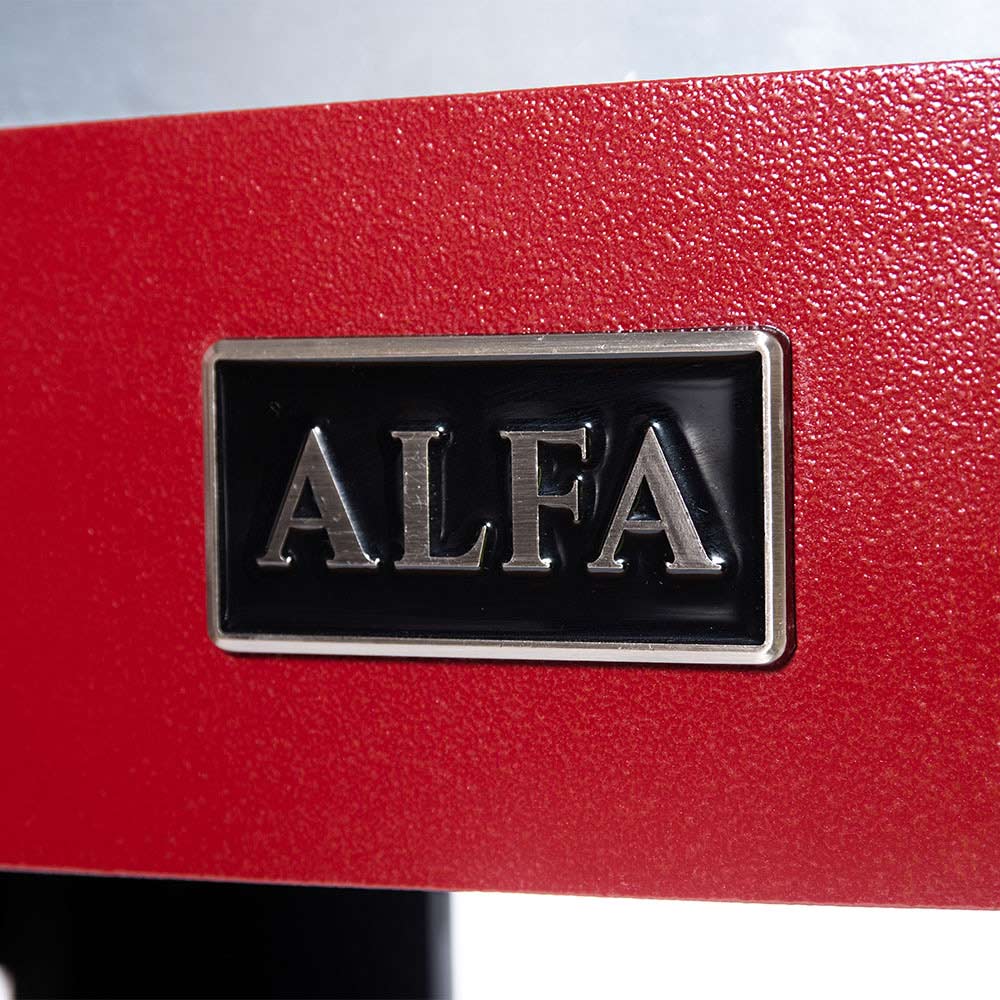 ALFA logo badge on the front panel of a red pizza oven