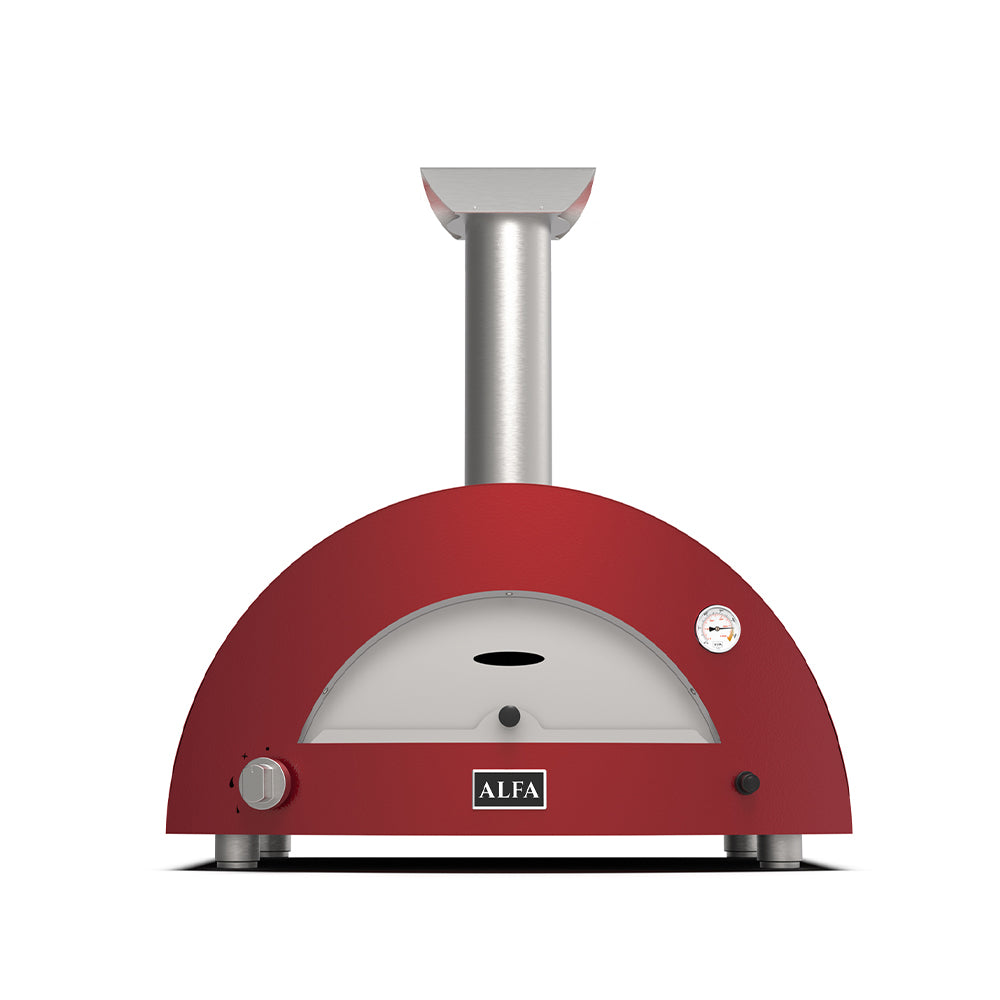 Ruby red countertop gas pizza oven with front dome window and control knobs.
