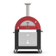 Alfa freestanding gas pizza oven, red round dome with front access panel and caster wheels