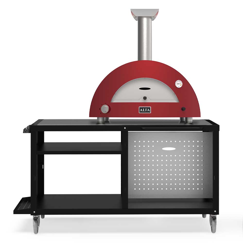 Wood-fired pizza oven with cooking station, red dome and black stand with perforated panel