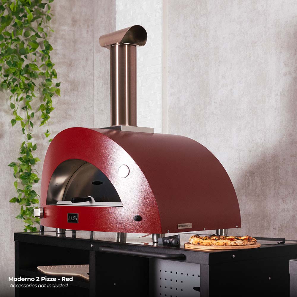 Wood-fired pizza oven with cooking station, red dome and visible front opening with pizza