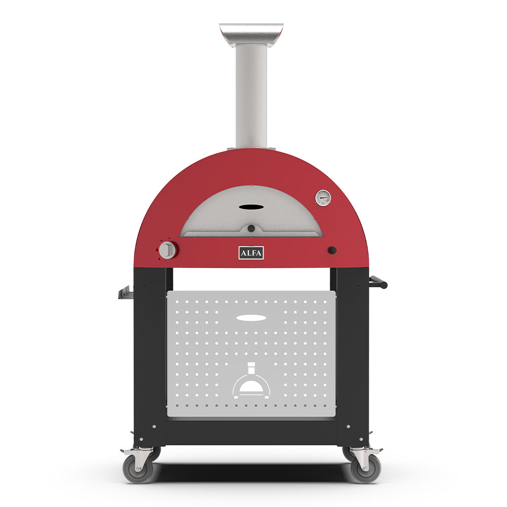 Freestanding wood-fired pizza oven with red dome, stainless chimney, and wheeled base