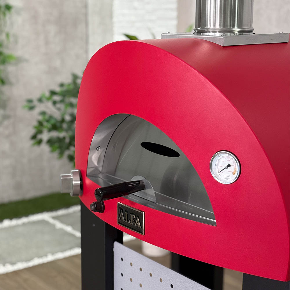 Wood-fired pizza oven front with red dome, black door, thermometer, and ALFA control panel