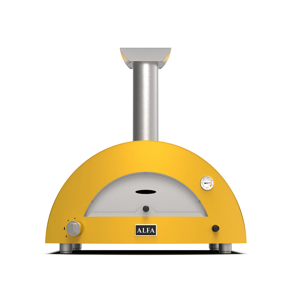 Yellow countertop pizza oven, arched door window and metal chimney