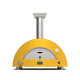 Yellow countertop pizza oven, arched door window and metal chimney