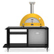 Wood-fired pizza oven with cooking station, yellow dome and black stand with perforated panel