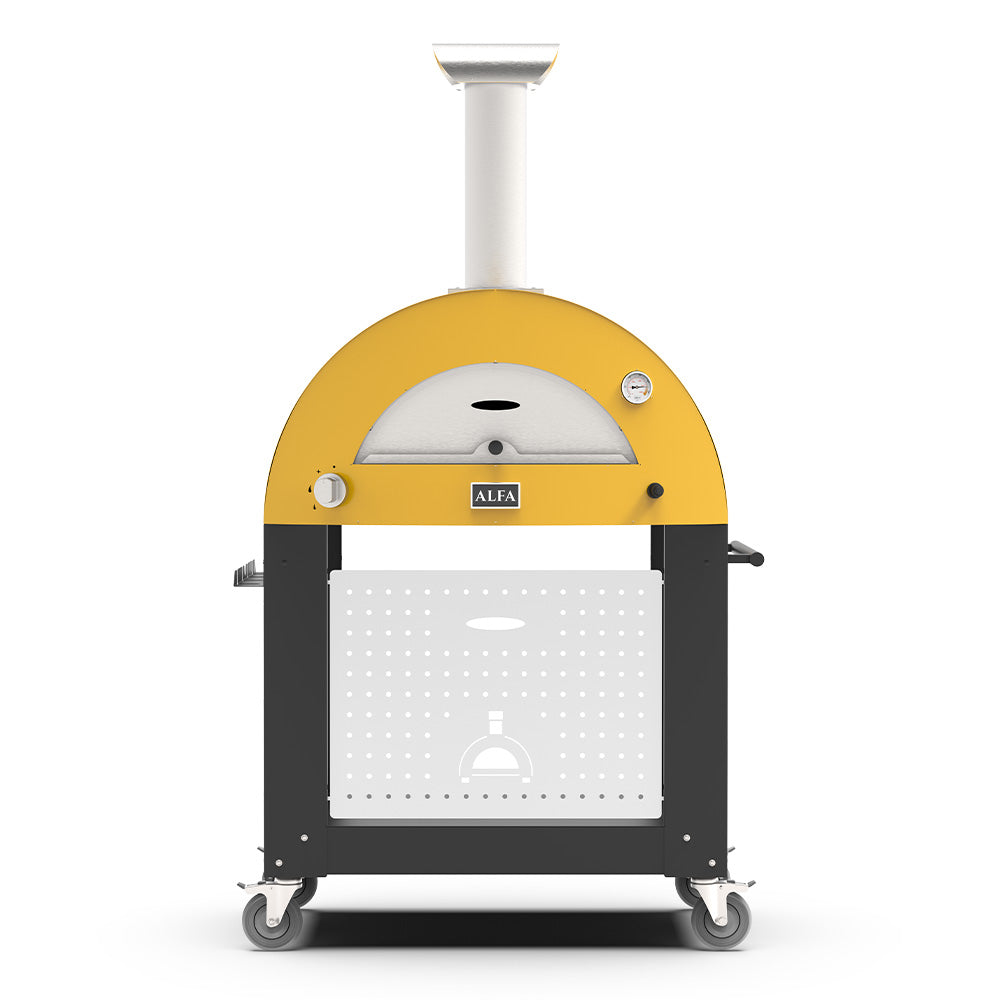 Freestanding wood-fired pizza oven, fire yellow, with enclosed front panel and wheels