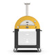 Freestanding wood-fired pizza oven, fire yellow, with enclosed front panel and wheels