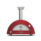 Red countertop pizza oven, arched door window and metal chimney
