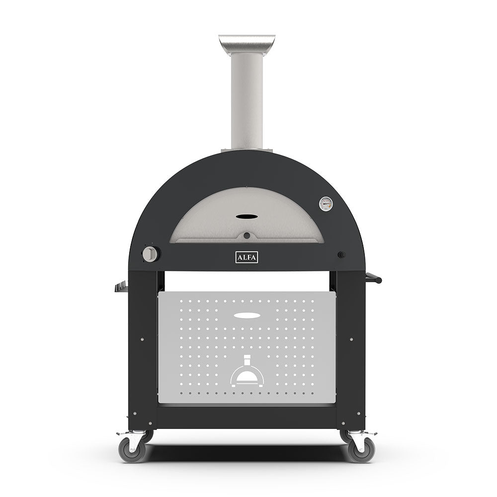 Freestanding gas pizza oven with dark dome and black stand, three cooking bay openings