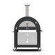 Freestanding gas pizza oven with dark dome and black stand, three cooking bay openings