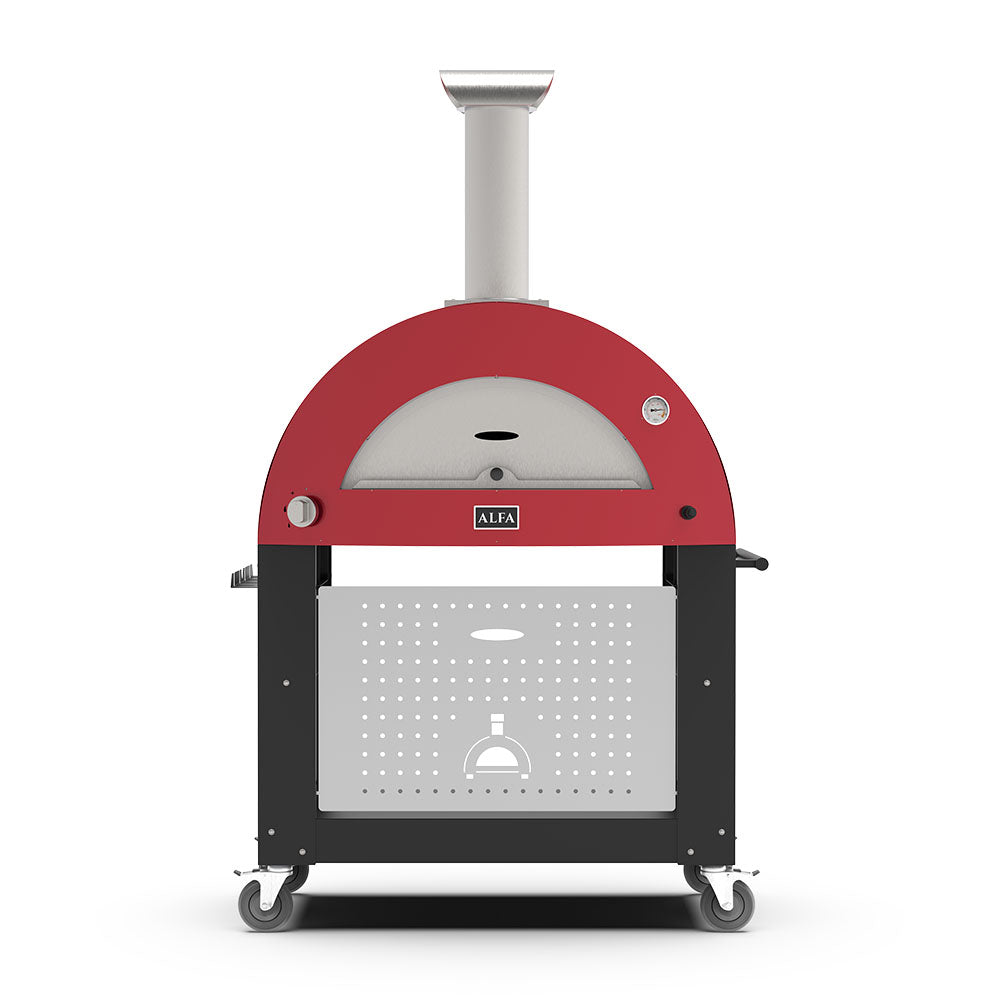 Freestanding gas pizza oven with red dome and black stand, three cooking bay openings