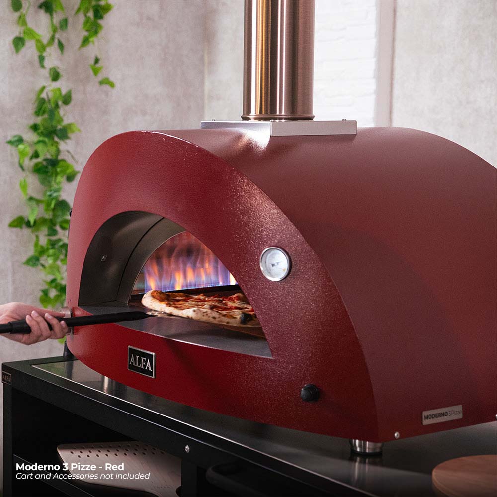 Alfa Moderno 3 Pizze gas pizza oven with red dome, open arch, pizza baking