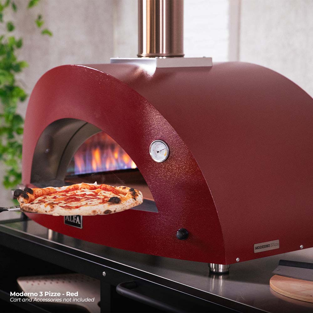Alfa Moderno 3 Pizze gas pizza oven with red dome, pizza on metal peel