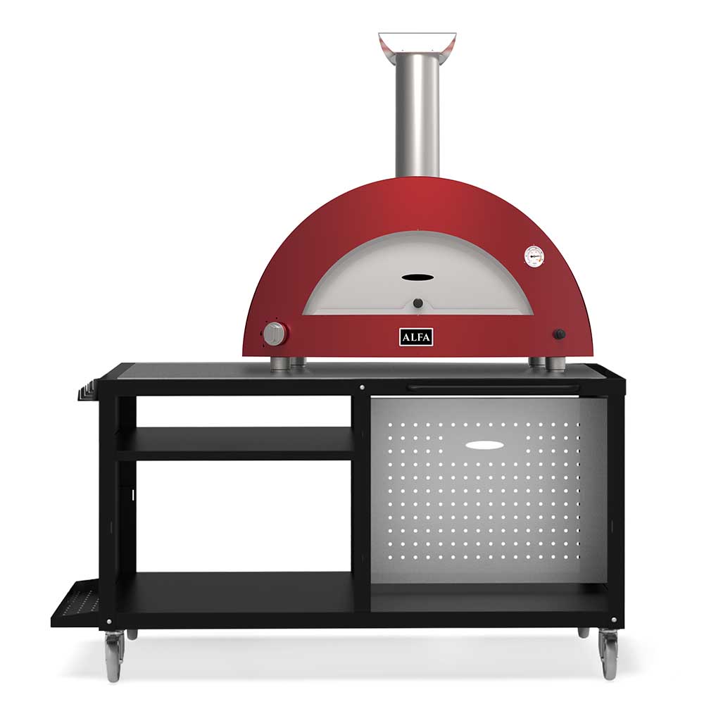 Alfa Moderno 3 Pizze wood-fired pizza oven with red dome and black cart