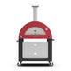 Freestanding wood-fired pizza oven with red dome and stainless chimney, on caster stand