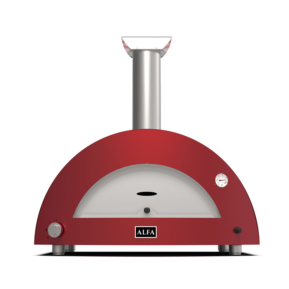Antique red countertop wood-fired pizza oven with arched front and chimney flue