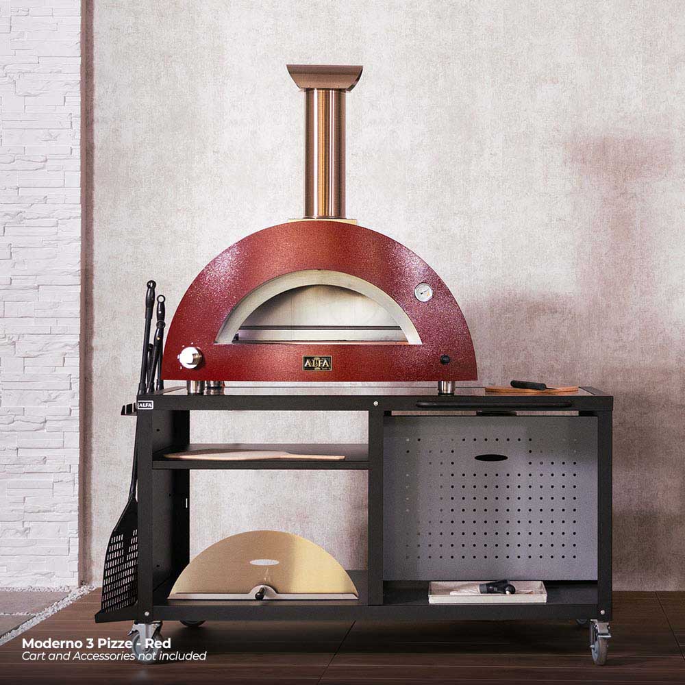 Antique red wood-fired pizza oven on black wheeled base with side storage shelf