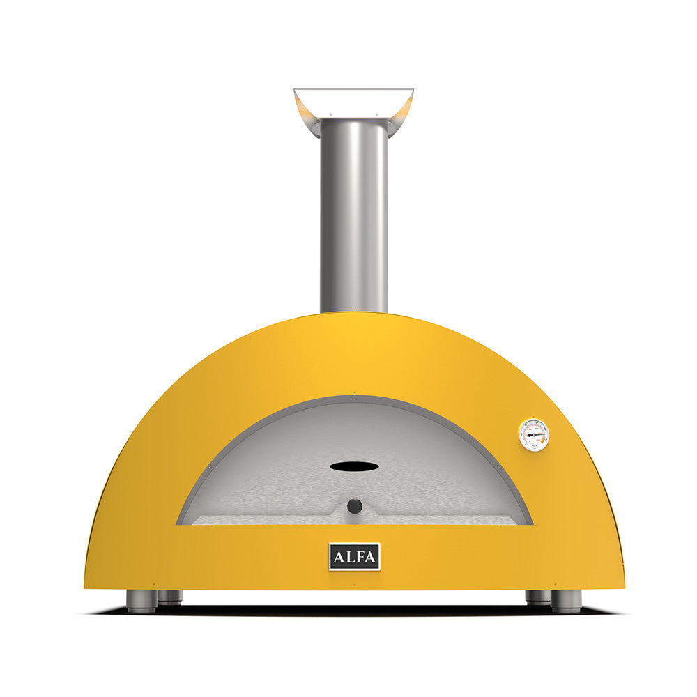 Fire yellow countertop wood-fired pizza oven front view with arched door and chimney flue