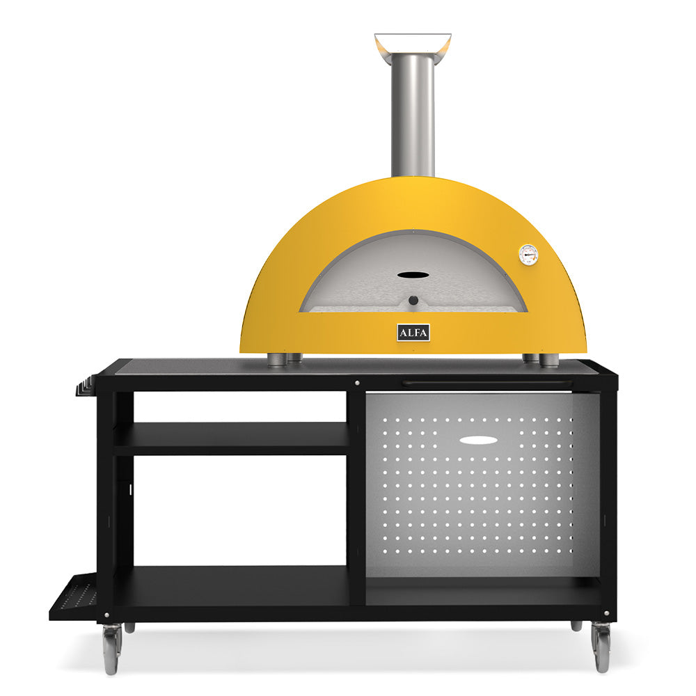 Alfa Moderno 3 Pizze wood-fired pizza oven with yellow dome and black cart