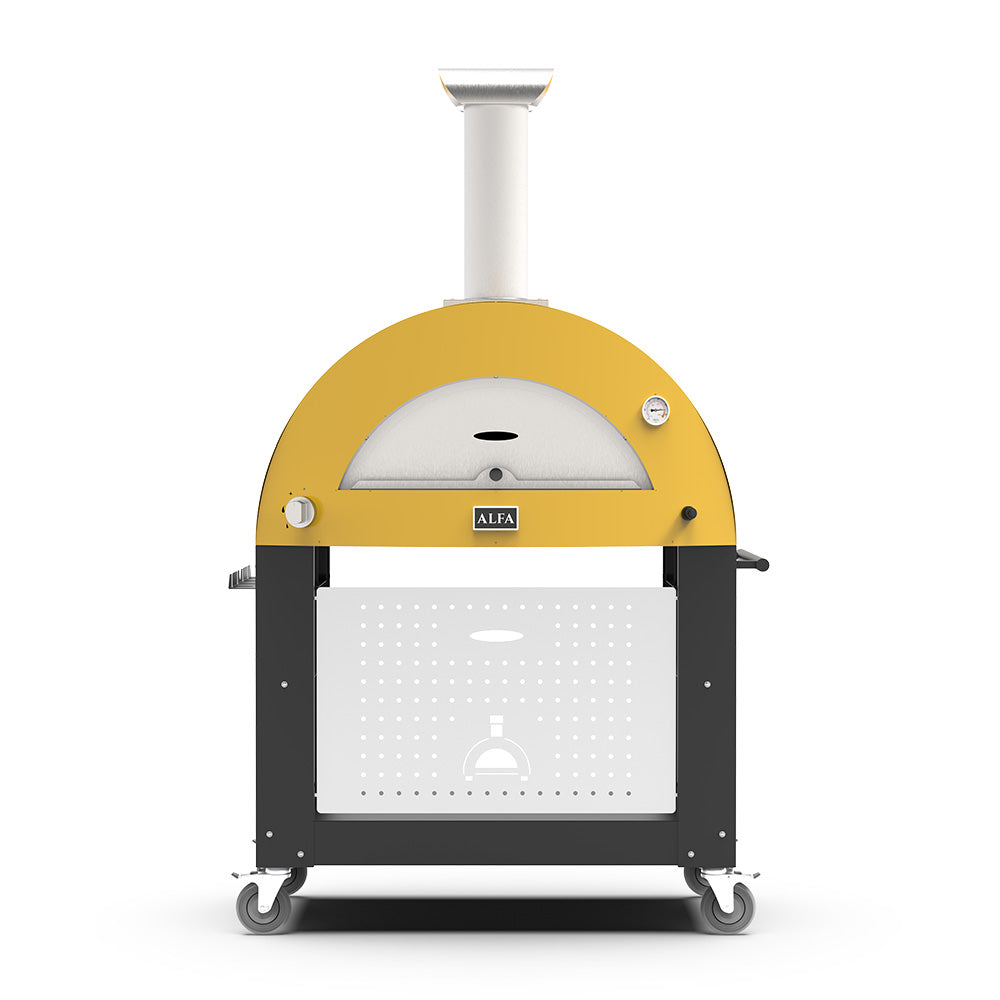 Freestanding wood-fired pizza oven with yellow dome and stainless chimney, on caster stand