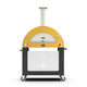 Freestanding wood-fired pizza oven with yellow dome and stainless chimney, on caster stand