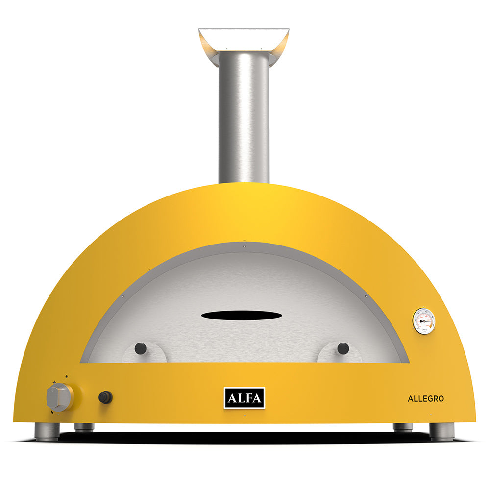 Yellow countertop gas pizza oven front view with arched stone dome opening